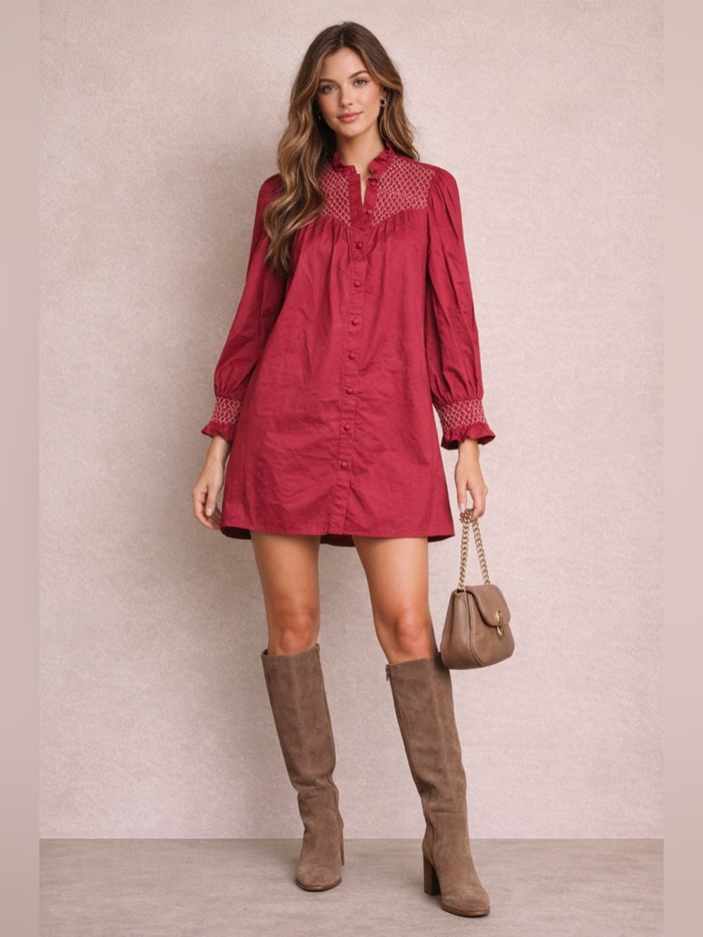 Rochelle Behrens The Shirt Red Smocked Dress XS  Ruffle Neck Tunic Mini Dress